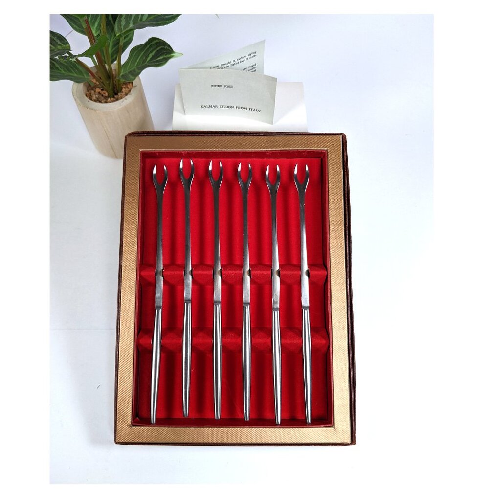 Vintage Modernist Kalmar Designs Italy Stainless Fondue Forks Set Box &Paperwork